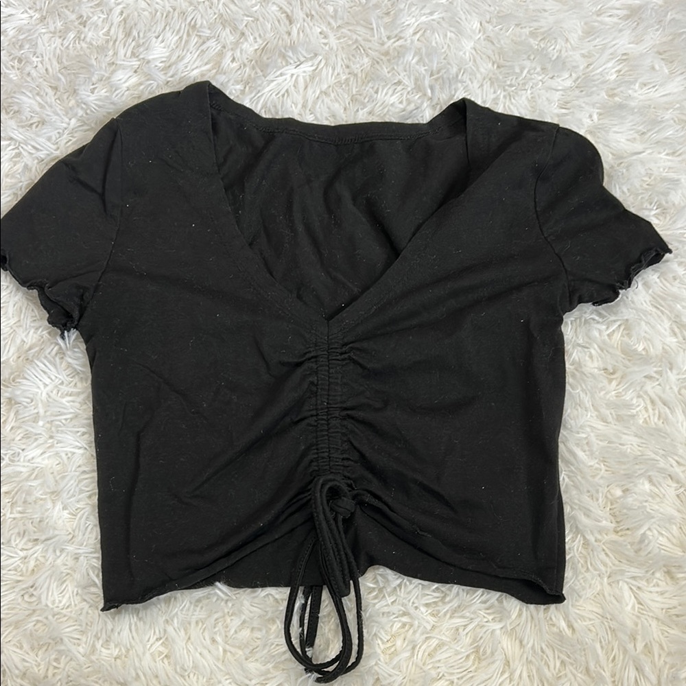 Black Ruched V-Neck Crop Top | Cropped Top | Black Crop Top | Ruffle Sleeve